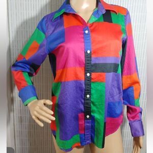 Ralph Lauren Womens Geometric Multicolored Button Down Top Size Petite Medium